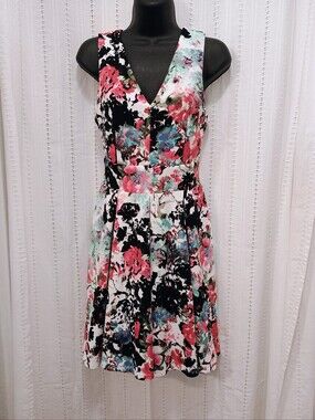 Haute Monde Floral V-Neck Pleated Fit & Flare Mini Dress - Large